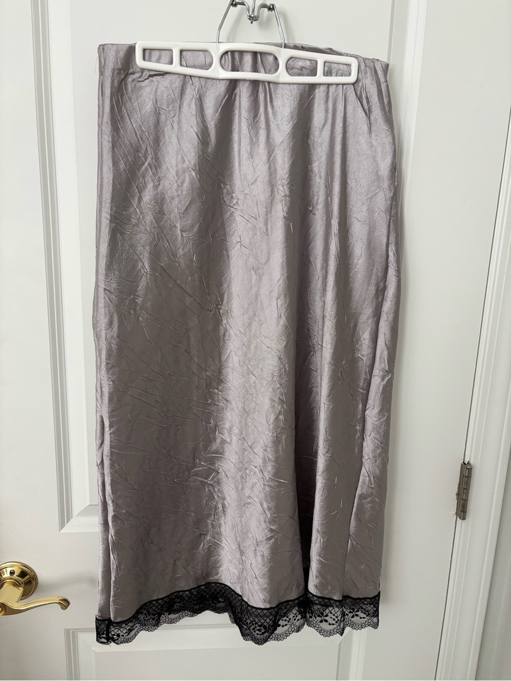 Silver Grey Metallic Black Lace Crinkle Satin Elastic MIDI Slip Skirt L